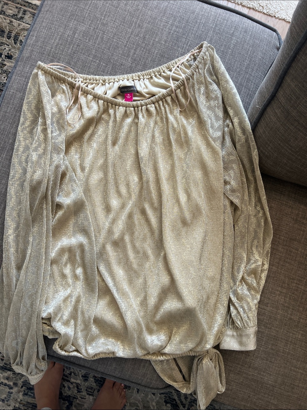 Vince Camuto Metallic Off-Shoulder Tie-Hem Blouse - Gold